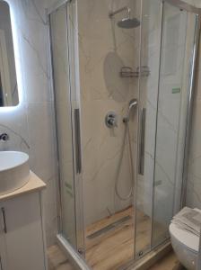 a shower with a glass door in a bathroom at Katerina Studios in Paleokastritsa +38 photos
