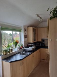 a kitchen with wooden cabinets and a sink and a window at Beautiful ground floor 2 bed flat in Camberley