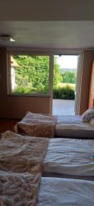 two beds in a room with a large window at Siedlisko na Skarpie in Garcz