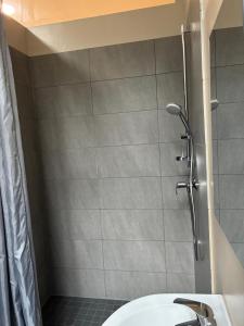 a bathroom with a shower with a toilet and a sink at Gästehaus Lelo 1 in Solingen