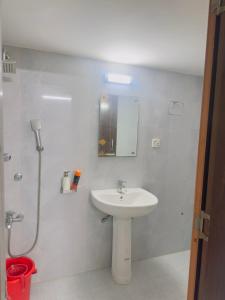 a white bathroom with a sink and a shower at Kakon Madbor in Sekerkalsi