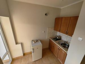 a small kitchen with a sink and a refrigerator at Agroturystyka Biedrzycki in Nowe Guty
