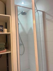 a shower with a glass door in a bathroom at logement de charme vue mer in Binic +16 photos