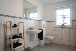 a bathroom with a sink and a toilet and a mirror at Ferienwohnung Hansen in Welschbillig