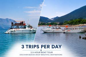 two photographs of a boat in a body of water at Hostel Budva in Budva