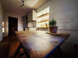 a kitchen with a wooden table with a potted plant on it at Stallrefugium - between lakes, mountains and silence in Seeon-Seebruck