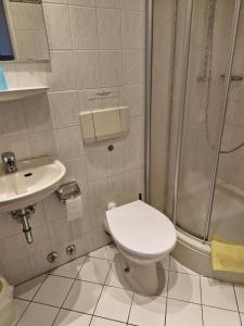 a bathroom with a toilet and a shower and a sink at Haus Schildt, FeWo 2 in Duhnen