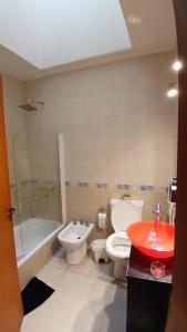 a bathroom with a toilet and a tub and a sink at Temporario balcarce in Santo Tomé