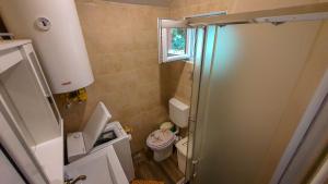 a small bathroom with a shower and a toilet at Apartmani Kamena Ruža in Budva +34 photos