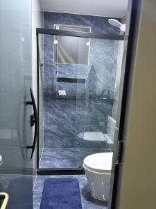 a bathroom with a toilet and a glass shower at Apartamento com vista e privacidade , ideal para casais , próximo da praia in Rio de Janeiro