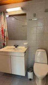 a bathroom with a white sink and a toilet at Holiday Apartment Rudkøbing in Rudkøbing