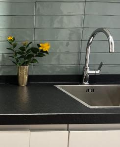 a kitchen counter with a sink and a vase with yellow flowers at Zen Casa House in Gijón +49 photos