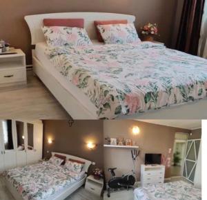 two pictures of a bedroom with a bed at Saturn Cozy Stay in Mangalia
