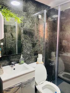 a bathroom with a toilet and a sink and a shower at London Guest House in Caneças +38 photos