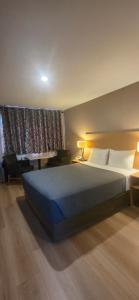 a bedroom with a large bed and a large window at Parkway Motel & European Lodges in Pincher Creek