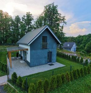 a small blue house in the middle of a yard at Pine Peak Holiday House Sosnówka in Sosnówka