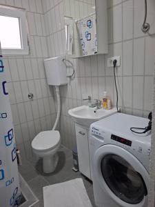 a bathroom with a washing machine and a toilet at Apartmani Ksenija Sofija in Igalo