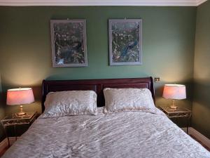 a bedroom with a bed with two lamps on it at Sheiling Accommodation in Castlemartyr
