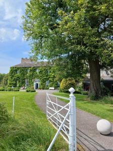 a white fence in front of a building with a tree at Sheiling Accommodation in Castlemartyr