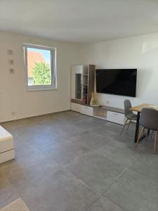 a living room with a flat screen tv and a table at Apartmán na Břehách in Veselí nad Moravou