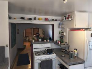 a kitchen with a stove and a refrigerator at Briugu's Bunkhouse in Denver