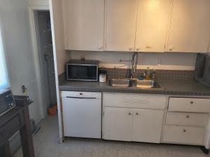 a kitchen with a sink and a microwave at Briugu's Bunkhouse in Denver