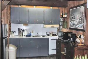 eine Küche mit blauen Schränken und einer Spüle in der Unterkunft Tiny Timber in Packwood