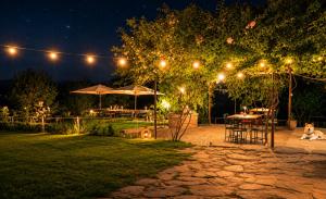 a garden at night with a table and chairs and lights at Il Cerchio delle Streghe Country House al Podere Casella in Castiglione dʼOrcia