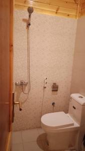 a bathroom with a shower with a toilet in it at كوخ بحانز الأول in Taif