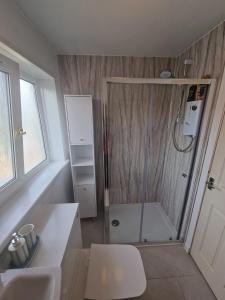 a bathroom with a shower and a sink at wyvis stays in Inverness +36 photos