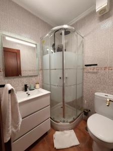 a bathroom with a shower and a sink and a toilet at El Jardín de Mer in Miengo +30 photos