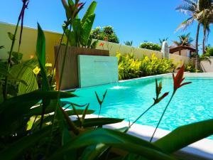 a swimming pool in a yard with plants at My Way Flat in Aracati +2 photos