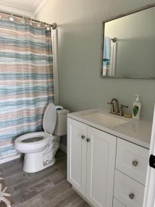 a bathroom with a toilet and a sink and a mirror at Tami Beach Resort Rental in Fort Myers Beach +16 photos