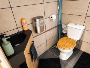 a small bathroom with a toilet with a wooden seat at La Tanière Enchantée de Tréhorenteuc • Brocéliande in Tréhorenteuc +14 photos