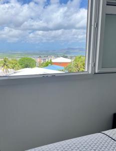 a bedroom with a window with a view of the ocean at CHAMBRE Calme et Bien située in Le Lamentin