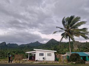 a man standing next to a house with a palm tree at Mama's Mountain Views in Avarua
