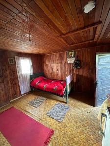 a bedroom with a red bed in a wooden room at Etno kuća Močioci in Ivanjica