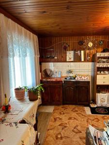 a kitchen with wooden cabinets and a table in it at Etno kuća Močioci in Ivanjica