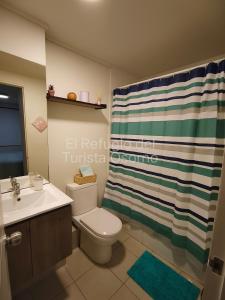 a bathroom with a toilet and a shower curtain at Departamento El refugio in Osorno