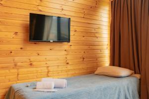 a bedroom with a television on a wooden wall at Kazbegi 4 side cottages in Kazbegi