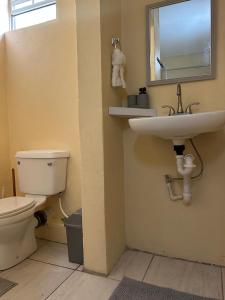 a bathroom with a toilet and a sink at Hibiscus Apt 1 in Corinthe