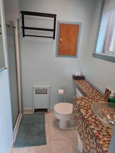 a bathroom with a toilet and a sink at Martin's apartment in Saguenay +14 photos