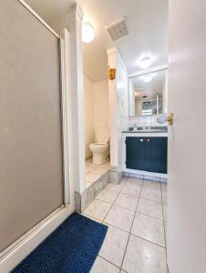 a bathroom with a shower and a toilet at Countryside studio on a lake in Bic