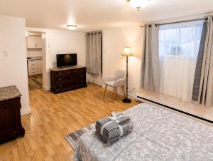 a bedroom with a bed and a television in it at Countryside studio on a lake in Bic