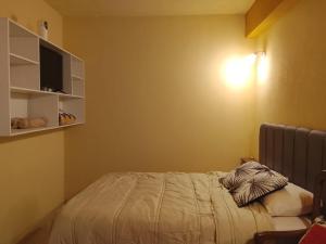a bedroom with a bed and a tv on the wall at Mi Hábitat Lambaré - Habitaciones con Baño Privado, Cocina y Comedor equipados con electrodomésticos, con Quincho al Aire Libre in Asunción