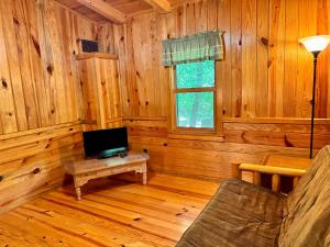a living room with a tv and a couch and a window at E-HOT SPRINGS MYSTIQUE - Historic Five Points Lake Hamilton in Hot Springs