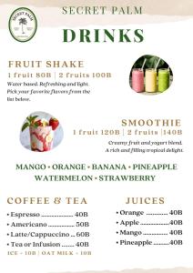 a flyer for a juice bar with fruits and vegetables at Secret Palm in Ko Phangan +20 photos