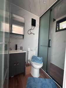 a small bathroom with a toilet and a sink at L'Horizon de Tontout'ailes in La Tontouta