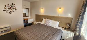 a bedroom with a bed and a mirror on the wall at Aalton Motel in Christchurch