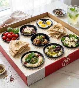 a box filled with plates of food on a table at فندق النقاط الثمانية 2 in Medina